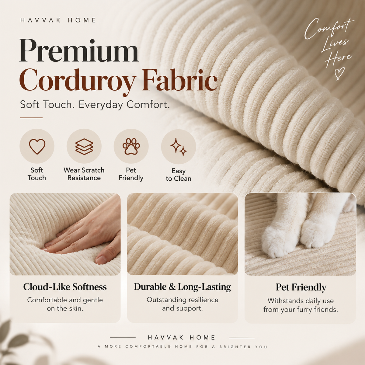 Cream corduroy fabric infographic showing ribbed upholstery close-ups, hand pressing a cushion, and cat paws on fabric by HavvakHome.