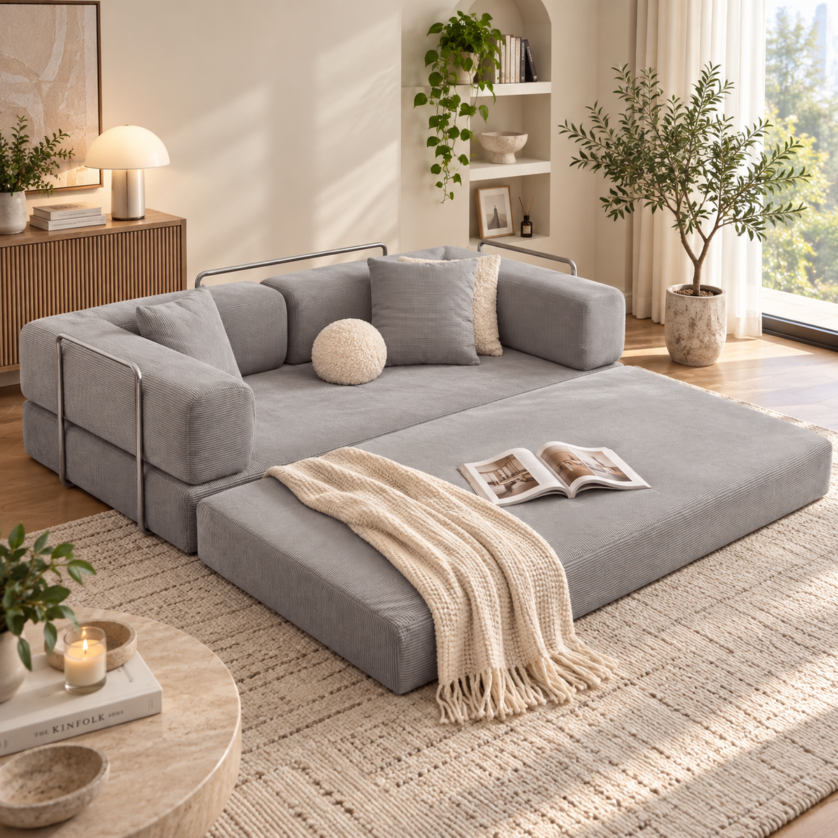 Light gray corduroy modular sofa bed extended with metal rails, a round cream pillow, cream knit throw, and open magazine in a sunny room by HavvakHome.