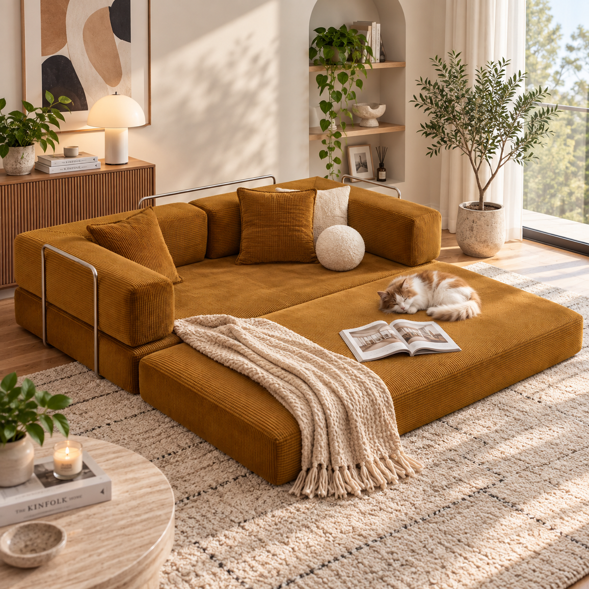 Mustard yellow corduroy sofa bed extended with metal rails, a sleeping orange-and-white cat, open book, and cream throw in a living room by HavvakHome.