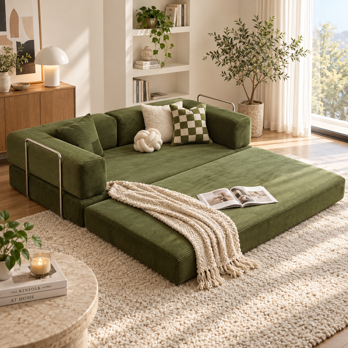 Olive green corduroy modular sofa bed extended flat in a sunlit living room with metal side rails, checkerboard and knot pillows, cream knit throw, and an open book by HavvakHome.