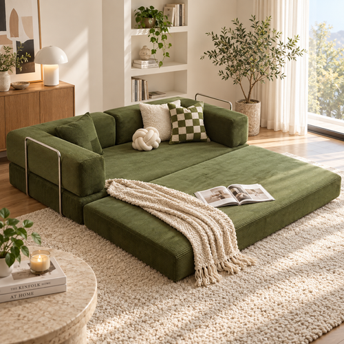 Olive green corduroy modular sofa bed extended flat in a sunlit living room with metal side rails, checkerboard and knot pillows, cream knit throw, and an open book by HavvakHome.