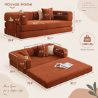Rust orange corduroy modular sofa bed dimension diagram comparing folded sofa and extended bed modes with measurement arrows by HavvakHome.