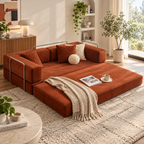 Rust orange corduroy sofa bed extended with metal side rails, cream cushions, knit throw, book, and cup in a sunlit room by HavvakHome.