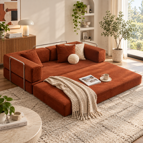Rust orange corduroy sofa bed extended with metal side rails, cream cushions, knit throw, book, and cup in a sunlit room by HavvakHome.