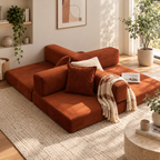 Rust orange corduroy modular sofa bed rearranged into multiple low floor seats with intersecting backrests, cushions, and a checkerboard throw by HavvakHome.