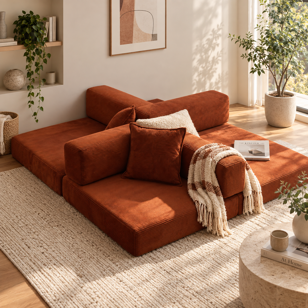 Rust orange corduroy modular sofa bed rearranged into multiple low floor seats with intersecting backrests, cushions, and a checkerboard throw by HavvakHome.