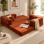 Rust orange corduroy modular sofa arranged as two parallel chaise seats facing opposite directions with metal side rails, cream throw, book, and tray with mug by HavvakHome.