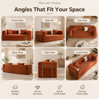 Six-angle collage of rust orange modular corduroy sofa showing front, angled side, top, back, side, and overhead views by HavvakHome.