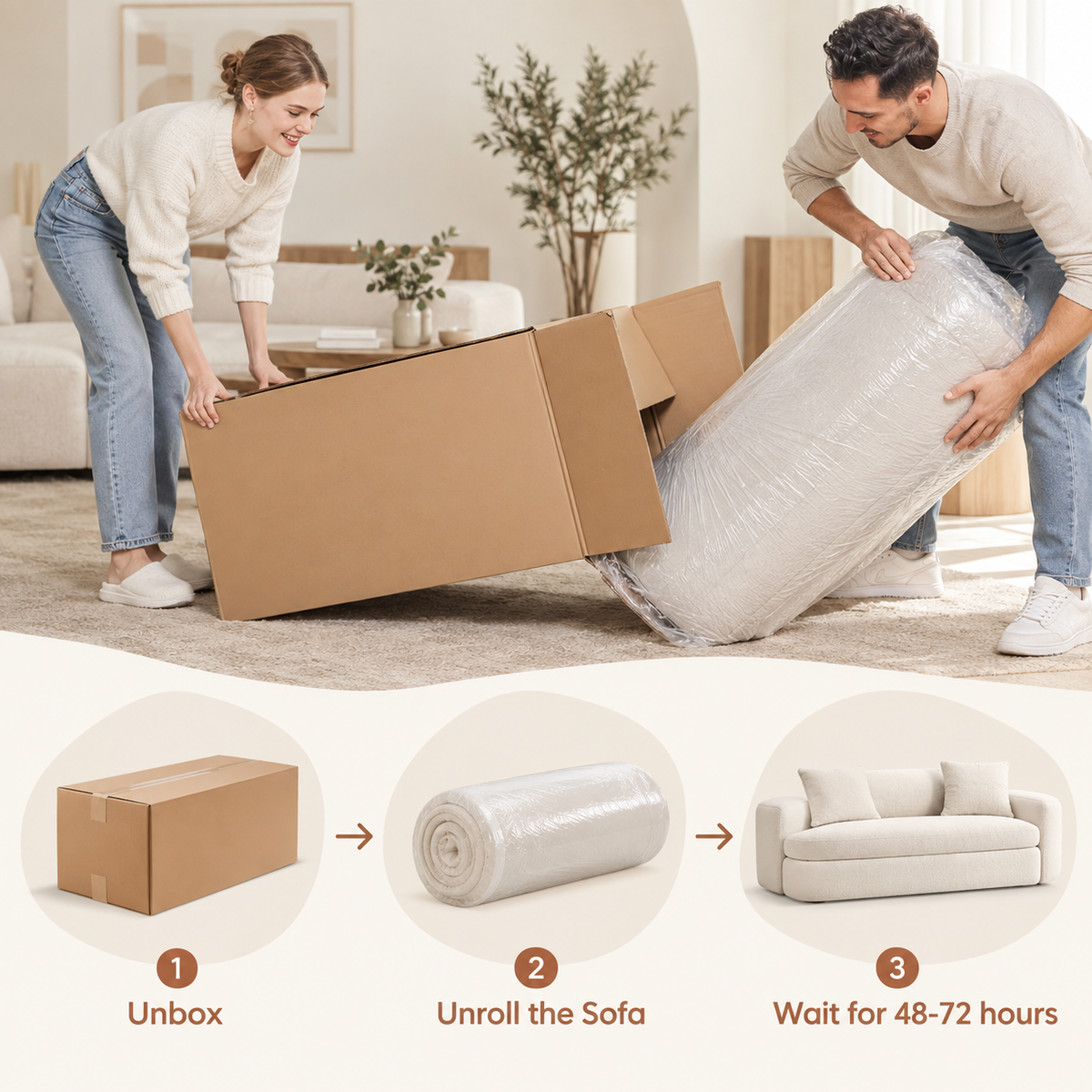 Unboxing and assembly guide showing a man and woman opening a plastic-wrapped rolled sofa across three steps including box, unrolled sofa, and expansion waiting period by HavvakHome.