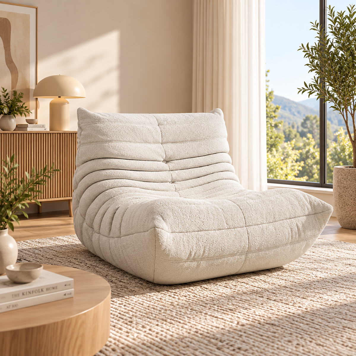HavvakHome cream bouclé lounge chair in a modern living room setting.