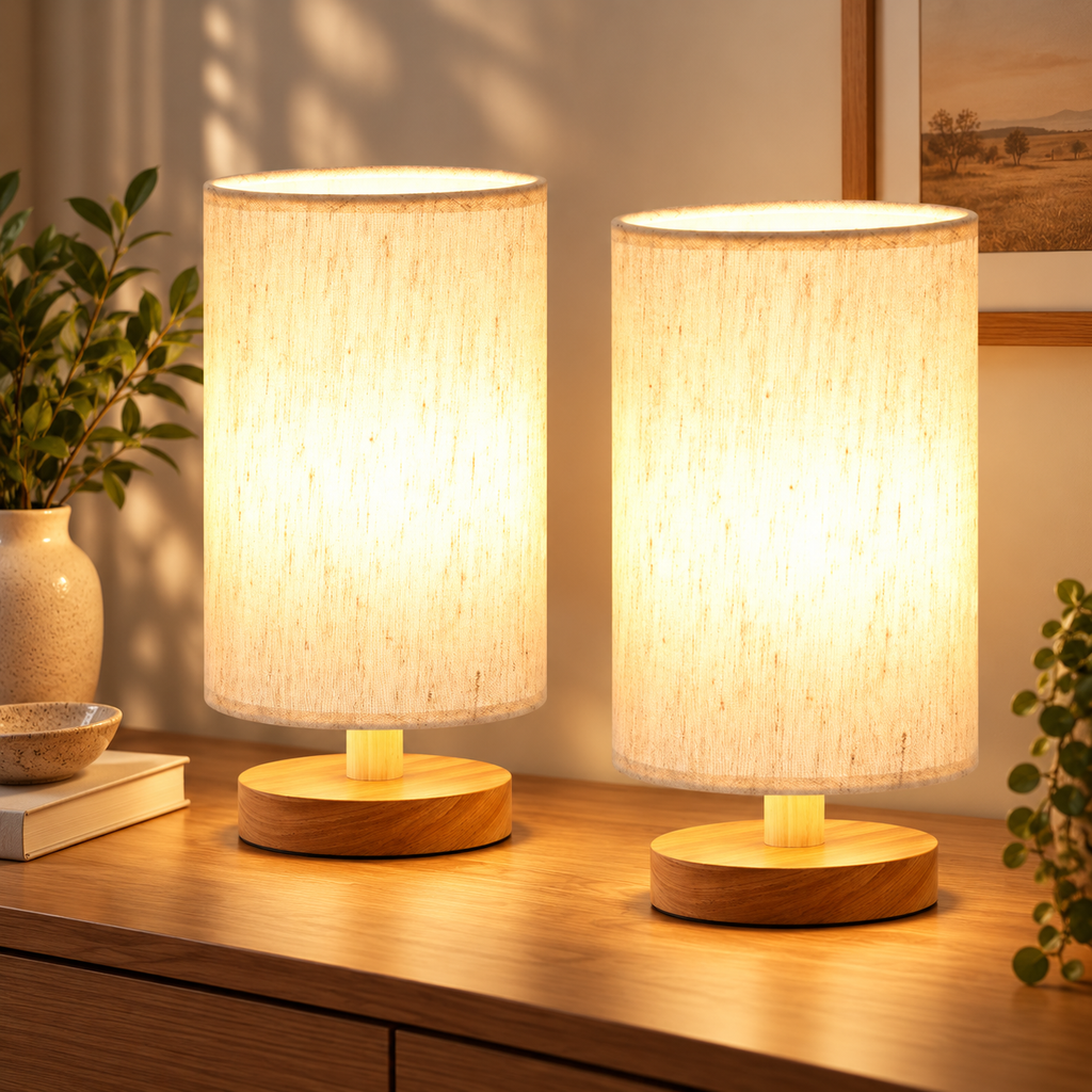Cozy bedside table lamp with a smooth wooden base and cream fabric shade by HavvakHome.