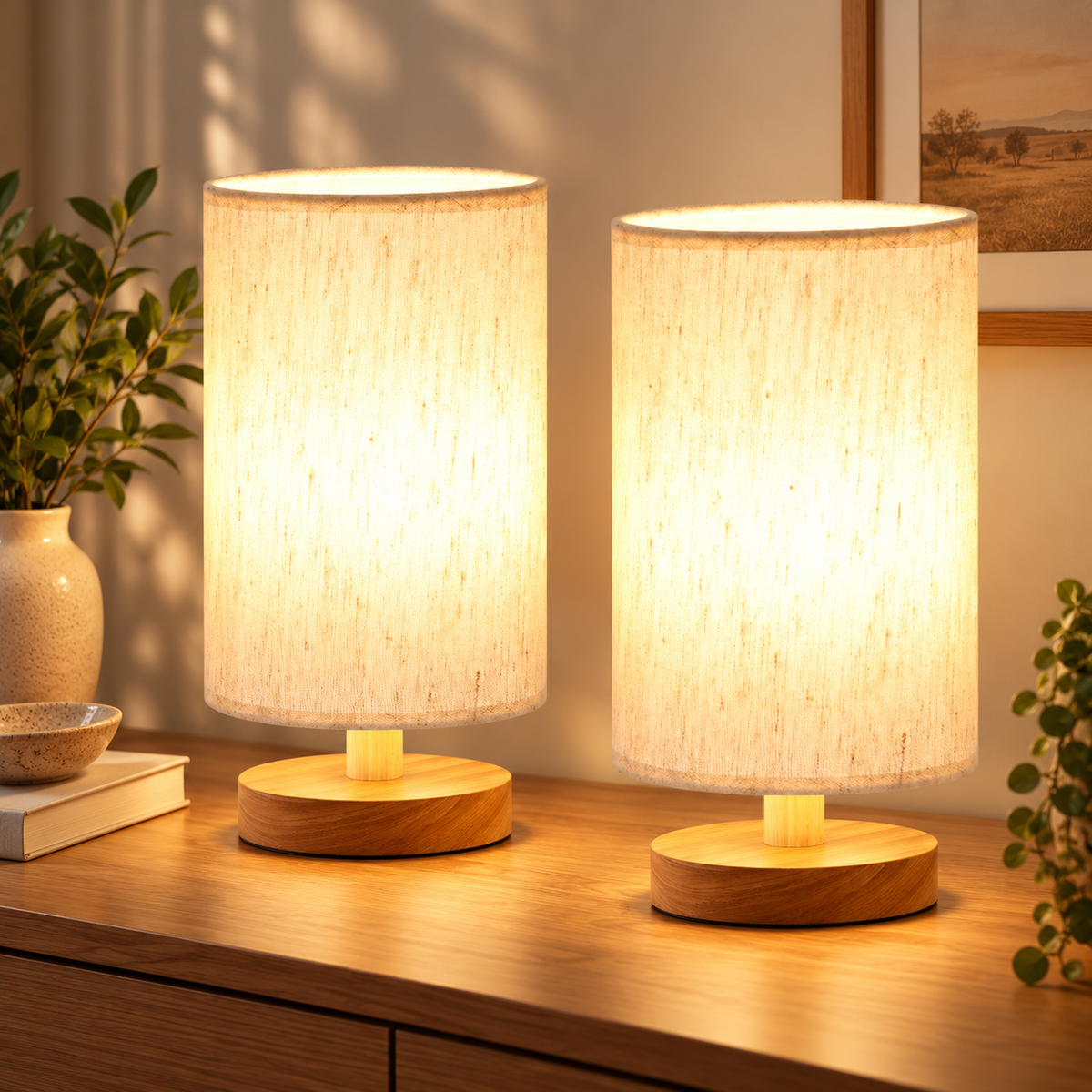 Cozy bedside table lamp with a smooth wooden base and cream fabric shade by HavvakHome.