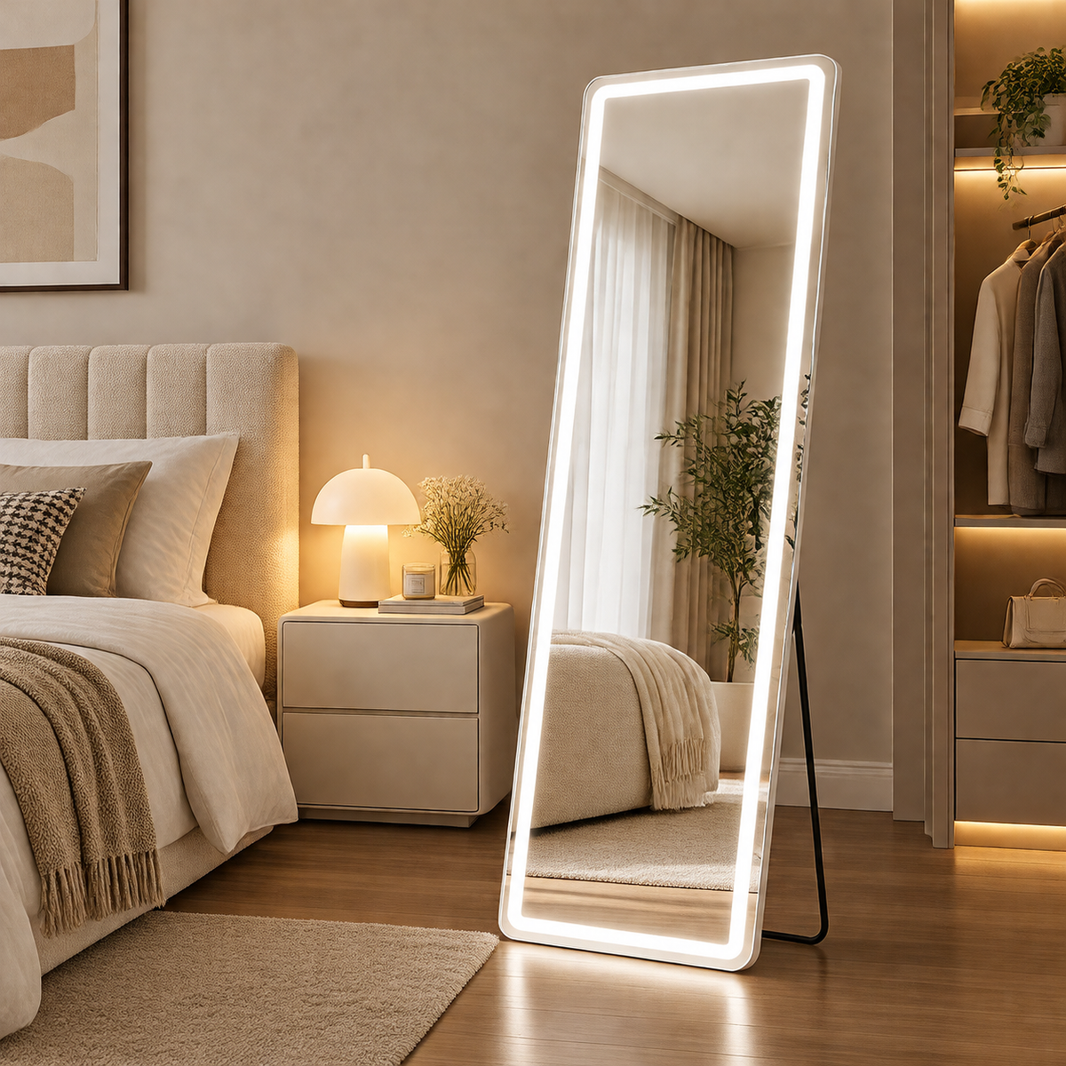 Modern dimmable LED full length standing mirror with 3 light modes for bedroom dressing by HavvakHome.