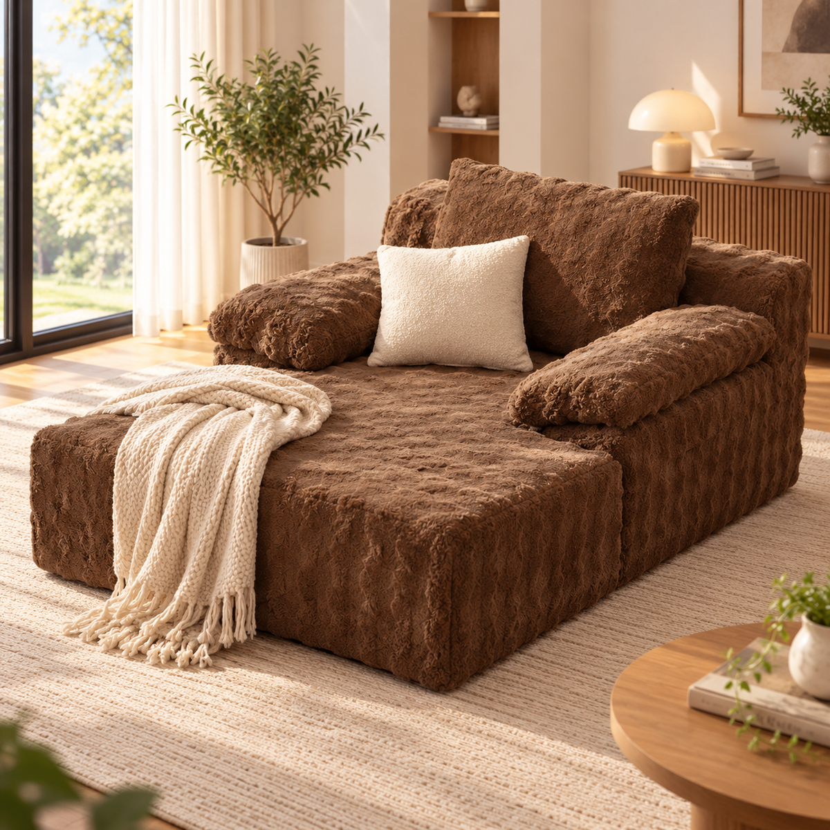 Brown faux rabbit fur cloud chaise alternate front angle with cream square pillow, cream knit throw draped over left front, and padded arms by a window by HavvakHome.