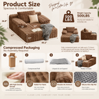 Brown faux rabbit fur chaise size diagram with height, width, and depth arrows, front and side inset views, compressed packaging steps, and material close-ups by HavvakHome.