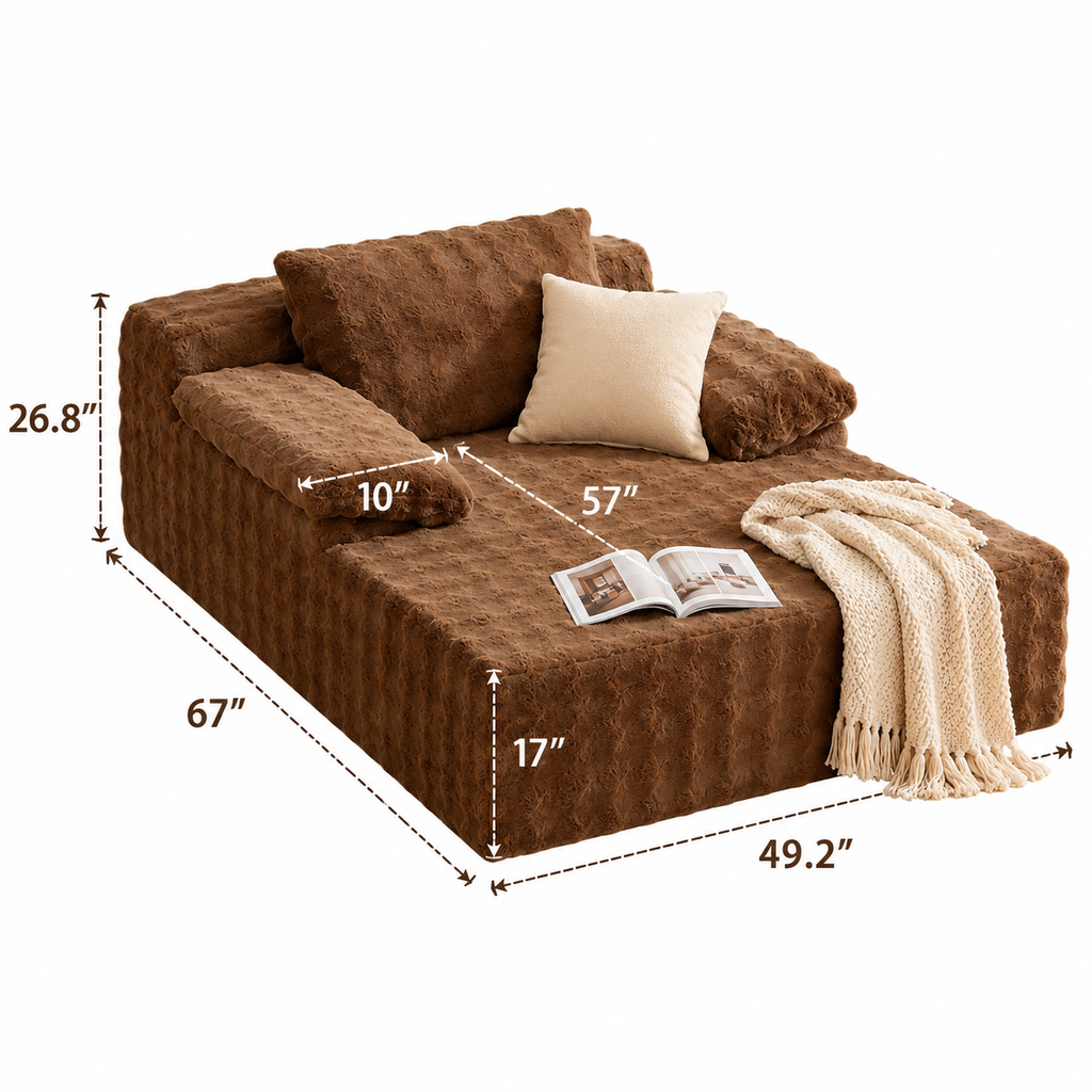 White-background brown faux rabbit fur chaise dimension image with measurement arrows, cream pillow, open book, and knit throw by HavvakHome.