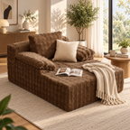 Brown faux rabbit fur cloud chaise with cream pillow, knit throw, open book, wooden side table, and plants beside a bright living-room window by HavvakHome.