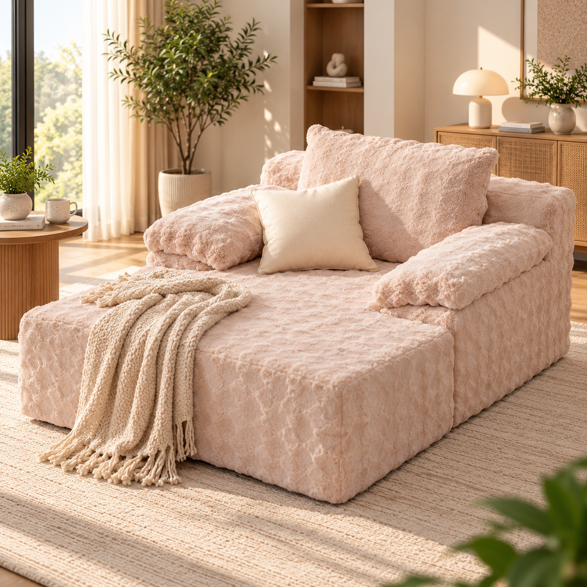 Cream faux rabbit fur chaise alternate front angle with cream pillow and knit throw hanging over left front, beside a potted tree and wood cabinet by HavvakHome.