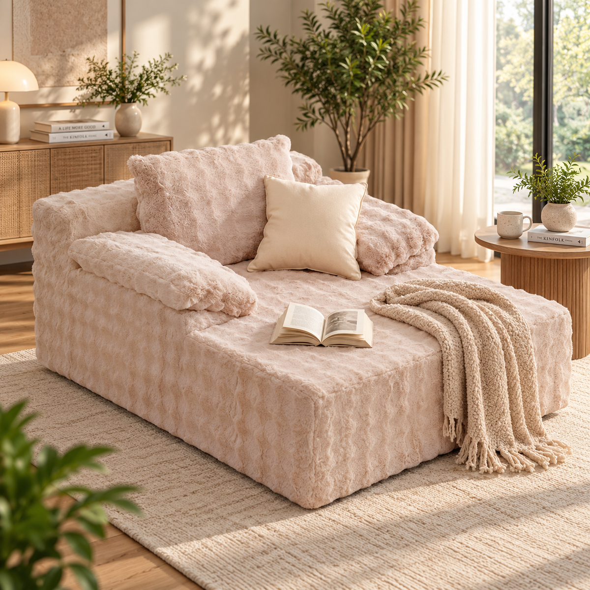 Cream faux rabbit fur cloud chaise with padded arms, cream pillow, open book, and knit throw at right front, with plants and a wood side table by a window by HavvakHome.