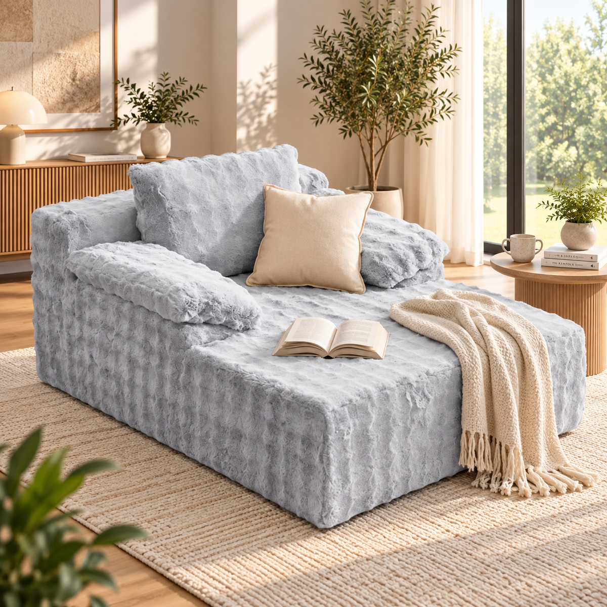 Light gray faux rabbit fur cloud chaise with cream pillow, open book, and cream throw in a sunlit living room by HavvakHome.