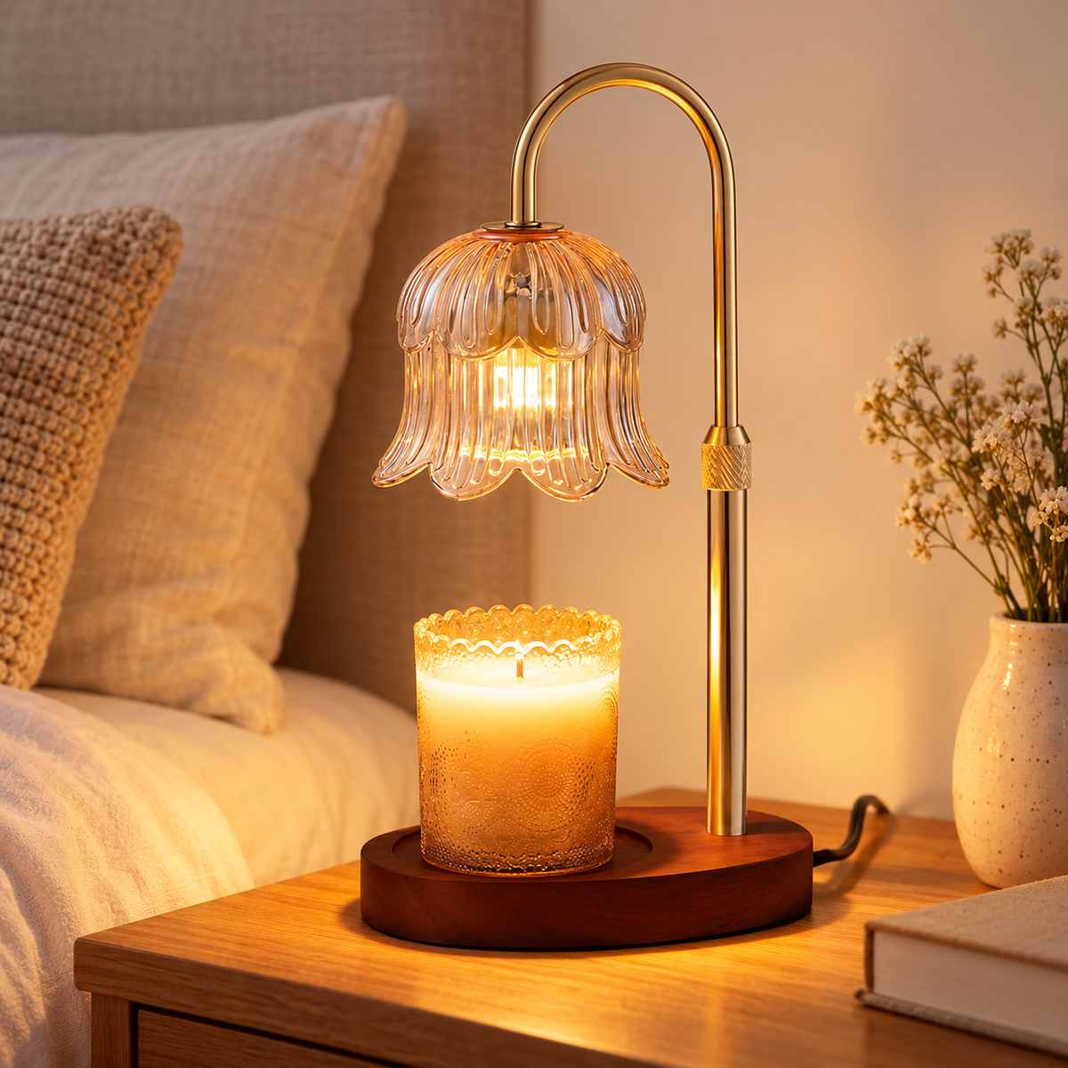 Amber-electroplated gold variant HavvakHome flower glass candle warmer lamp with timer positioned at a side angle in a bedroom.