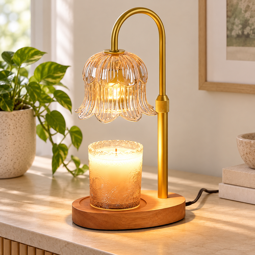HavvakHome flower glass candle warmer lamp with timer in amber variant shown from a front three-quarter view on a natural tabletop.