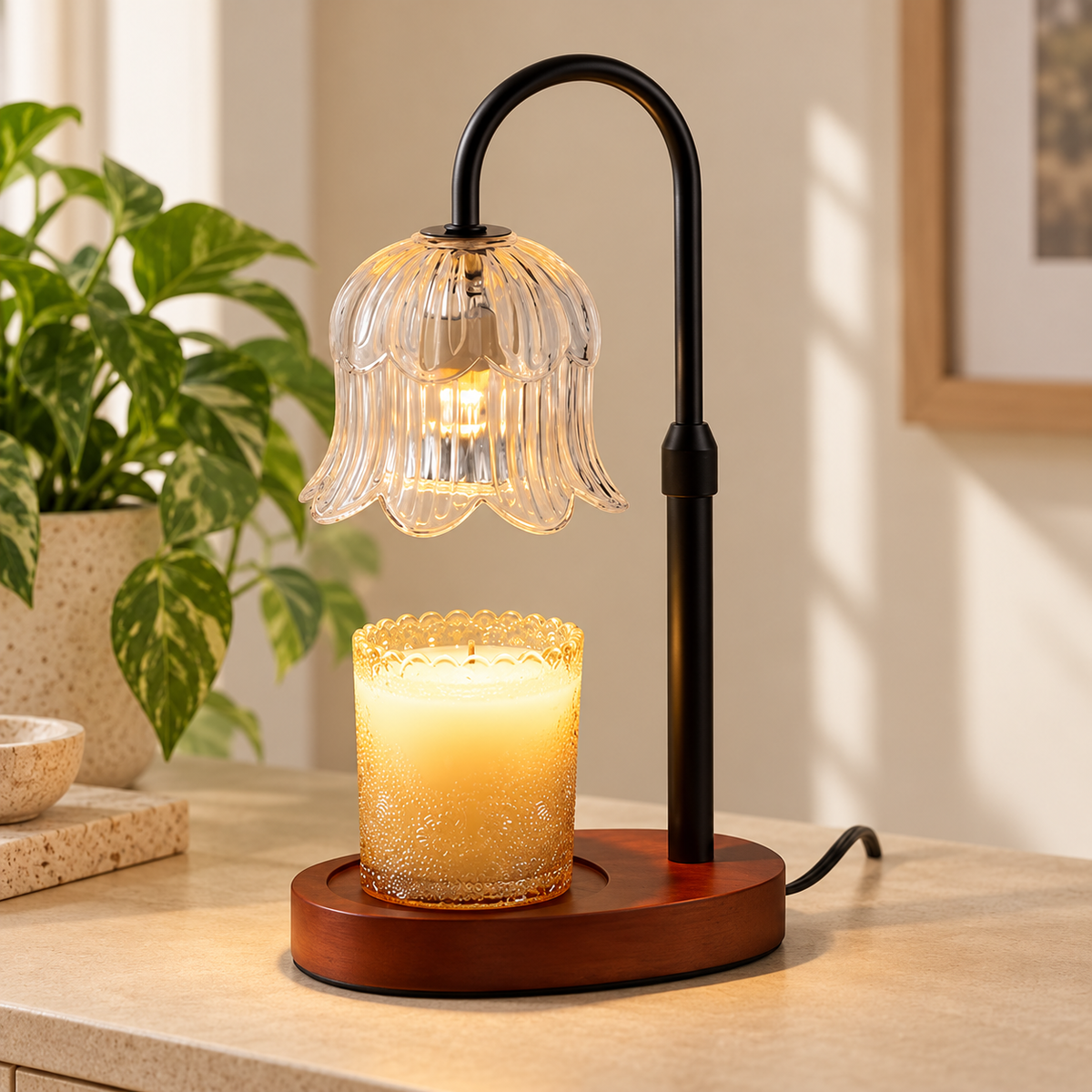 HavvakHome flower glass candle warmer lamp with timer in transparent-black variant displayed from a front view on a natural tabletop.