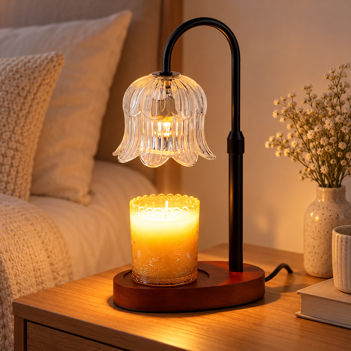Transparent-black variant HavvakHome flower glass candle warmer lamp with timer shown from a side perspective in a cozy bedroom.