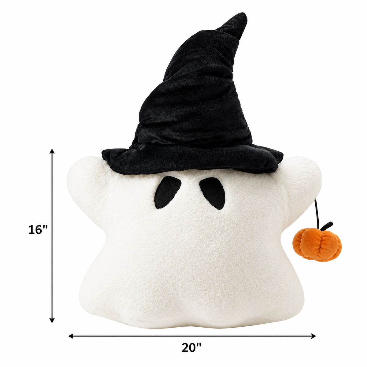 White background size chart of HavvakHome off-white ghost pillow with black witch hat and orange pumpkin accent, showing 20 inches width and 16 inches body height arrows.