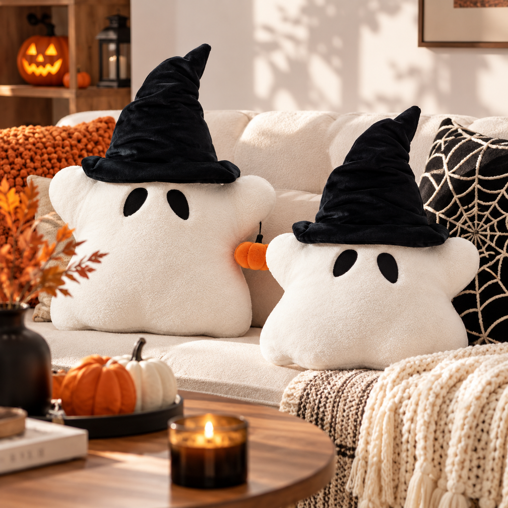 Two off-white ghost pillows with black witch hats on a cream sofa, featuring an orange pumpkin accent and a black spiderweb pillow behind by HavvakHome.