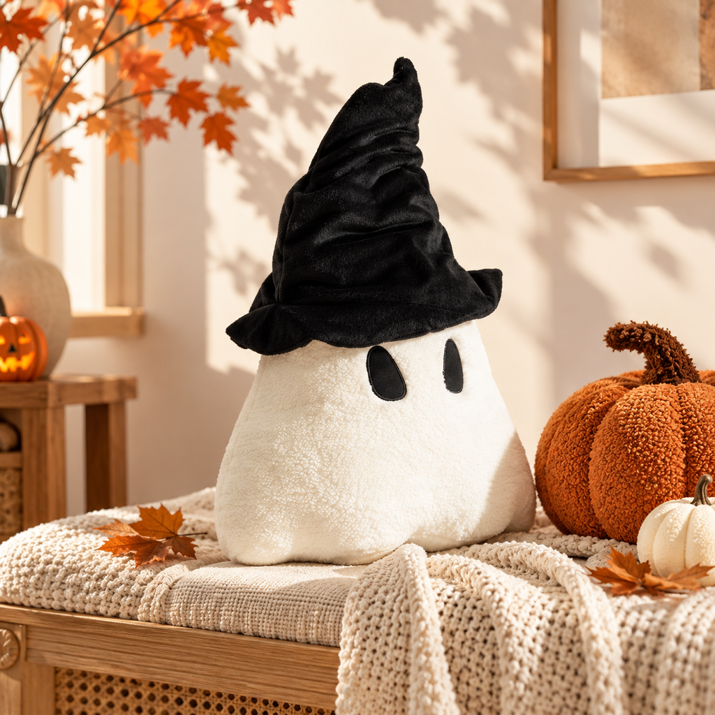 Side angle of an off-white ghost pillow wearing a black witch hat on a cushioned wooden bench with a cream throw beside an orange pumpkin pillow by HavvakHome.