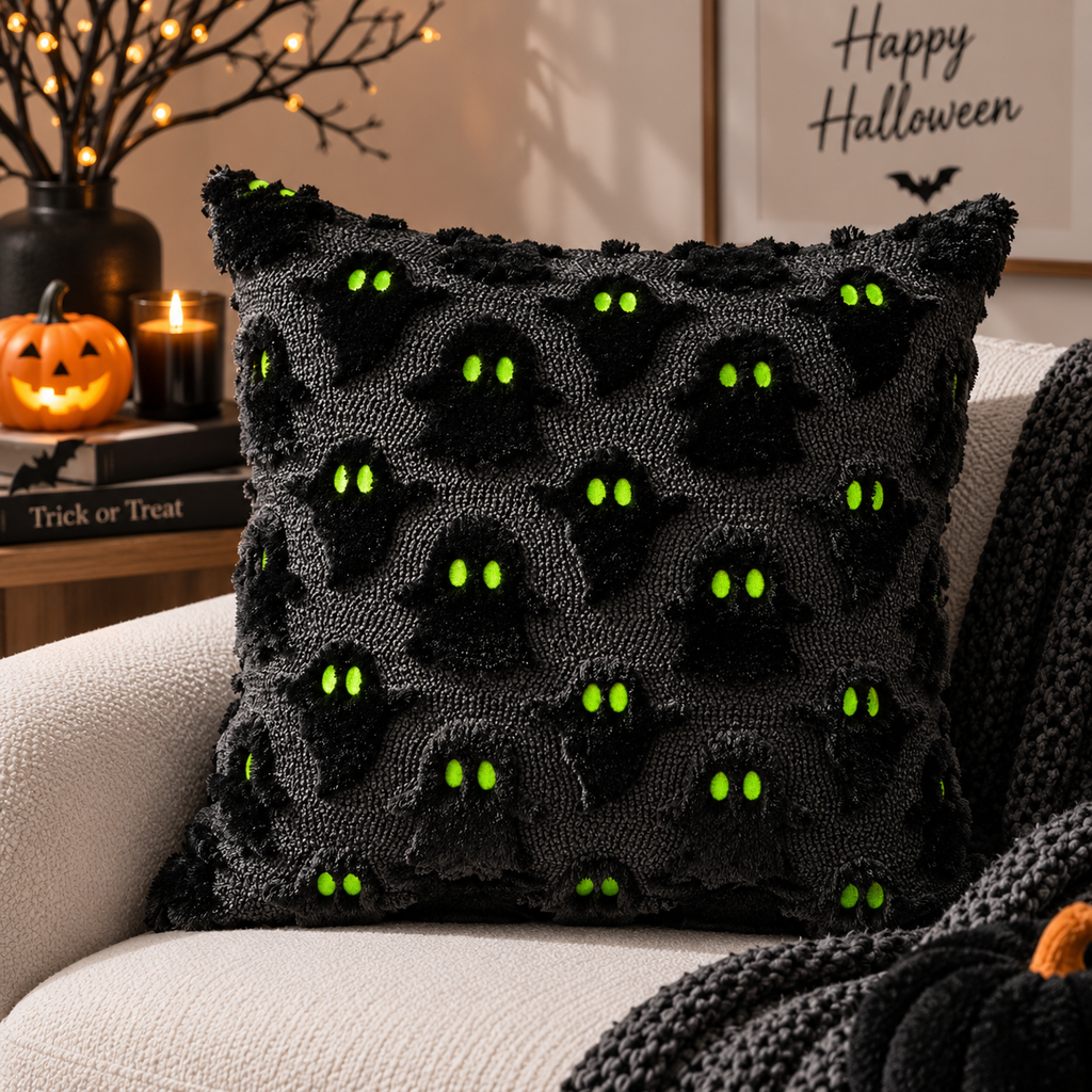Single black raised ghost-pattern pillow with green eyes on a cream sofa styled with a dark knitted throw and jack-o-lantern background.