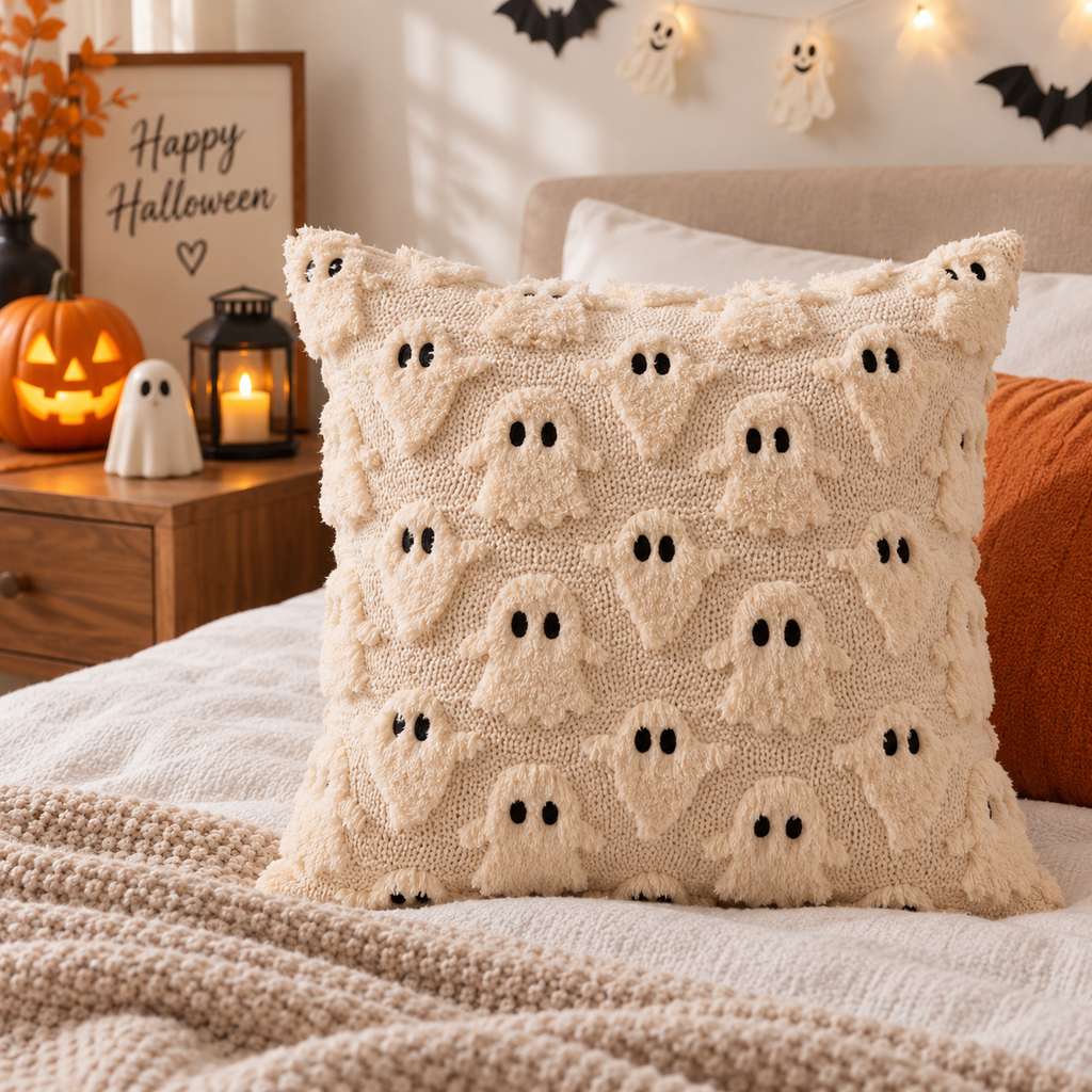 Single cream raised ghost-pattern pillow on a bed with an orange cushion, knitted blanket, jack-o-lantern, and lantern on the bedside table.