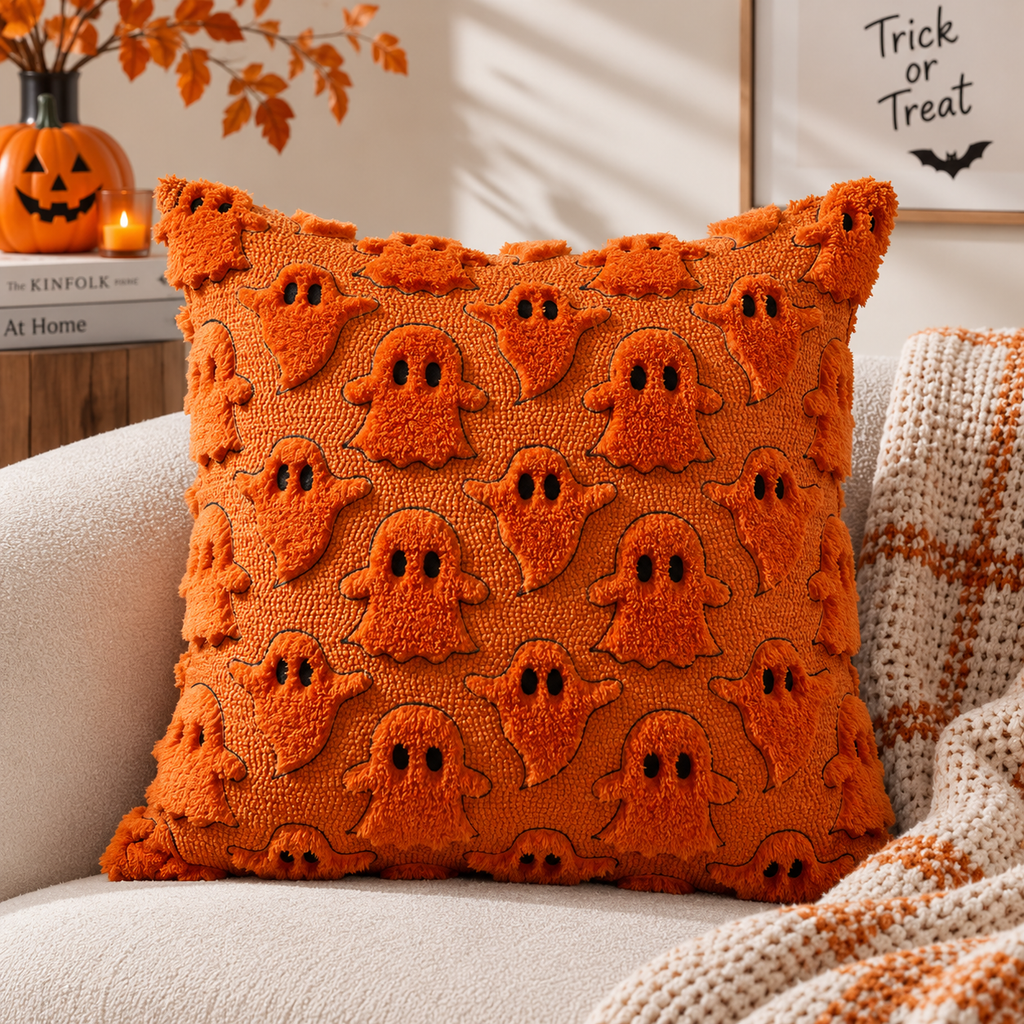 Single orange raised ghost-pattern pillow on a cream sofa styled with a knitted throw and Halloween pumpkins in the background.
