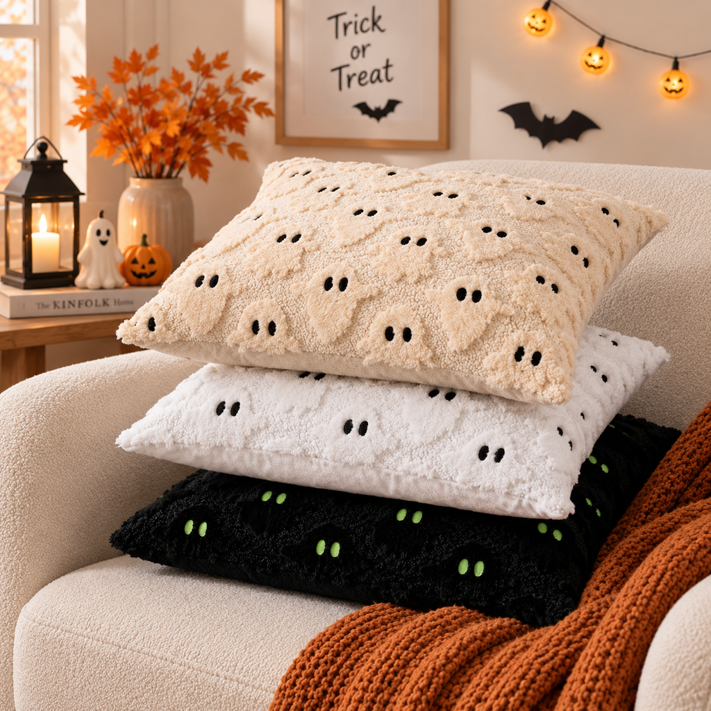Cream, white, and black ghost-pattern pillows stacked on a cream sofa, with green eyes on the black pillow, an orange knitted blanket, and Halloween decor.