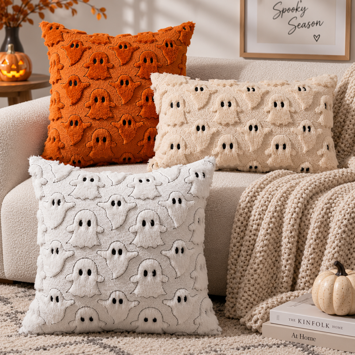 Orange square, cream rectangular, and white square raised ghost-pattern pillows arranged on a sofa and rug with a cream knitted blanket.