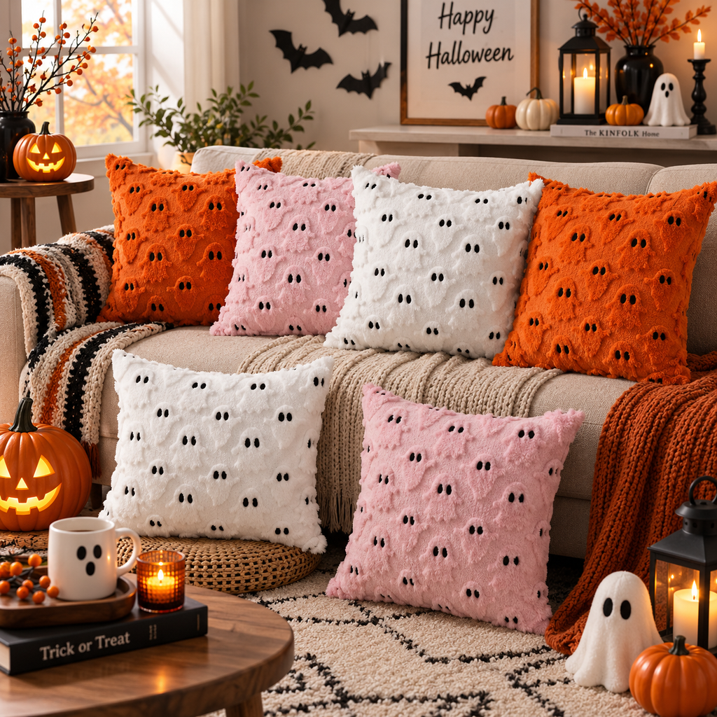 Six orange, pink, and white ghost-pattern pillows arranged on a cream sofa and floor with Halloween pumpkins, candles, and knitted throws.