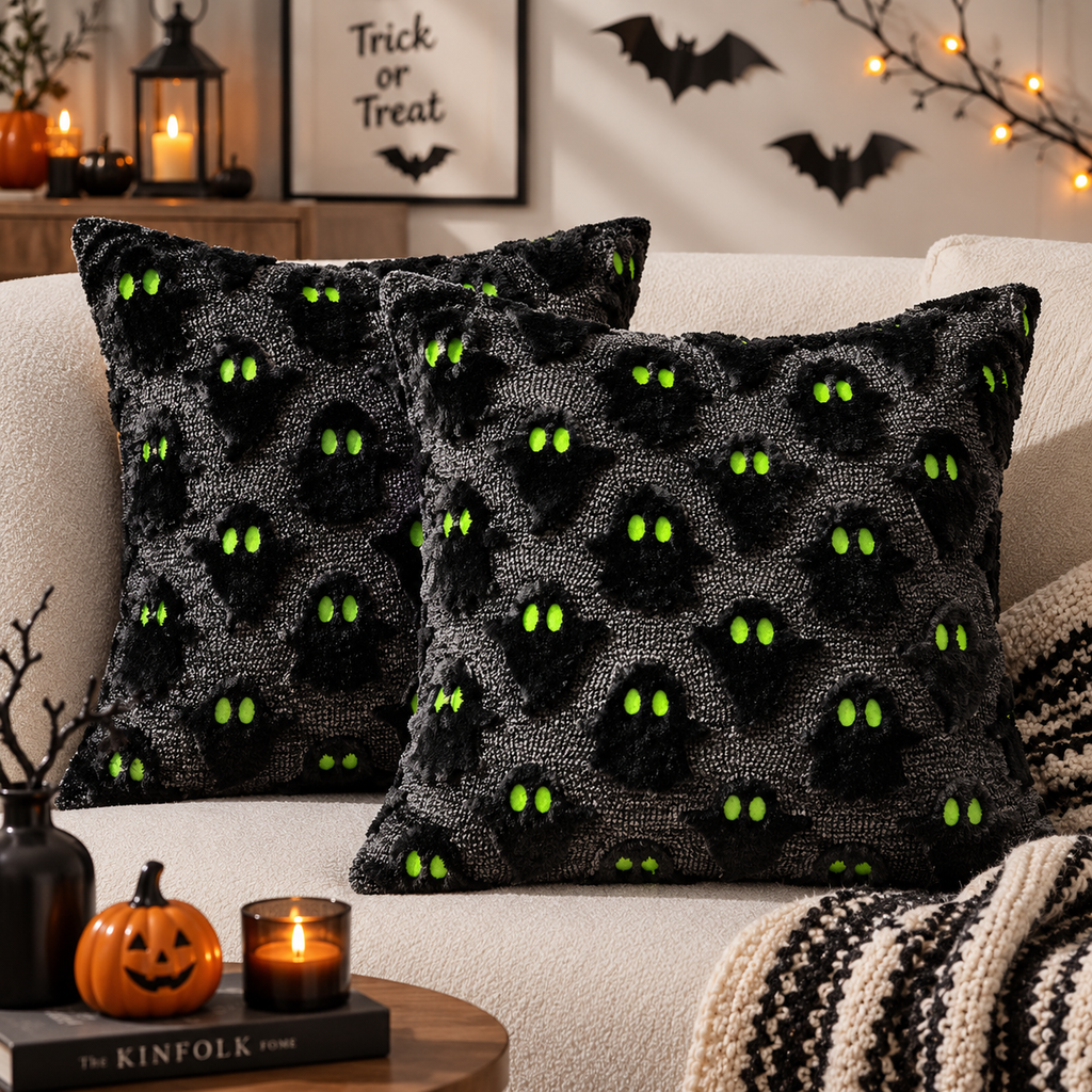 Two black raised ghost-pattern pillows with bright green eyes on a cream sofa with black and white throw and Halloween pumpkin and candle decor.