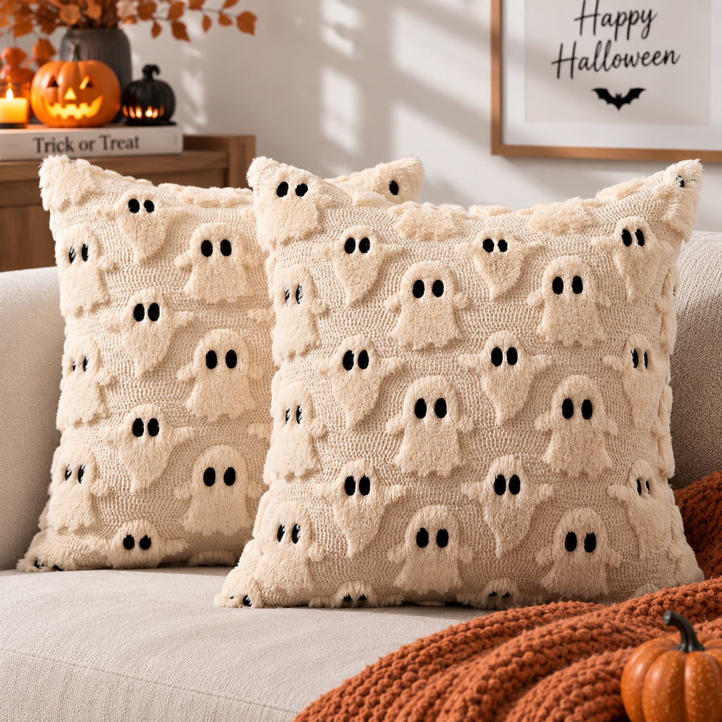 Two cream raised ghost-pattern pillows with black eyes on a cream sofa styled with an orange knitted throw and pumpkins.
