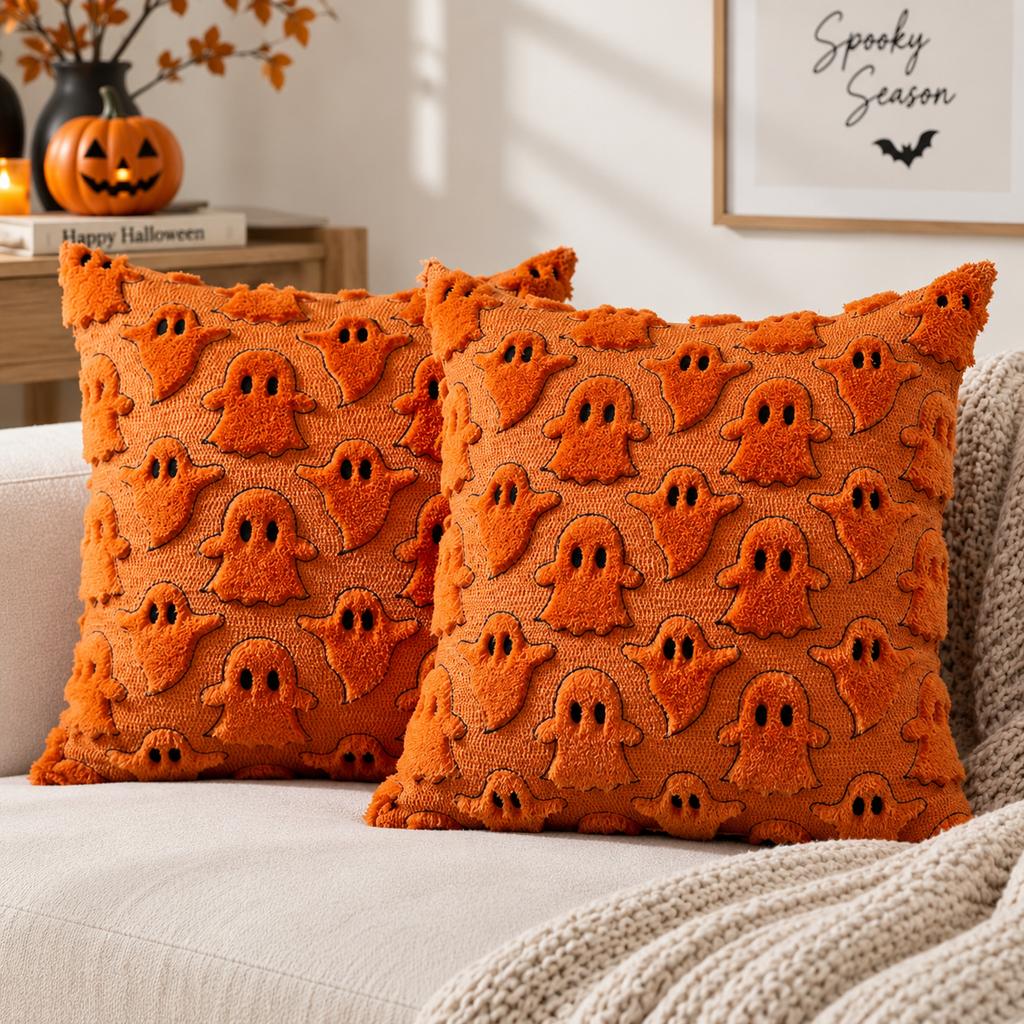 Two orange Halloween pillow covers with raised ghost patterns displayed on a cream sofa with pumpkin decoration in the background.