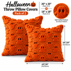 White background size chart showing two orange ghost-pattern pillow covers in a pack of 2 with 18x18 and 20x20 inch size labels, arrows, and raised ghost texture inset.