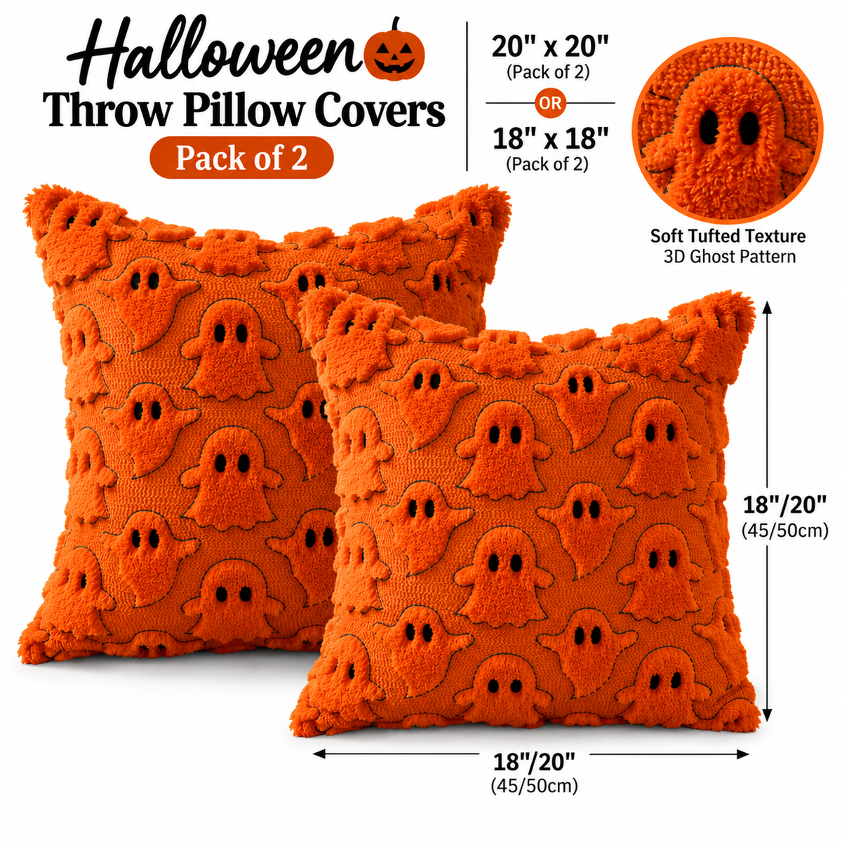 White background size chart showing two orange ghost-pattern pillow covers in a pack of 2 with 18x18 and 20x20 inch size labels, arrows, and raised ghost texture inset.