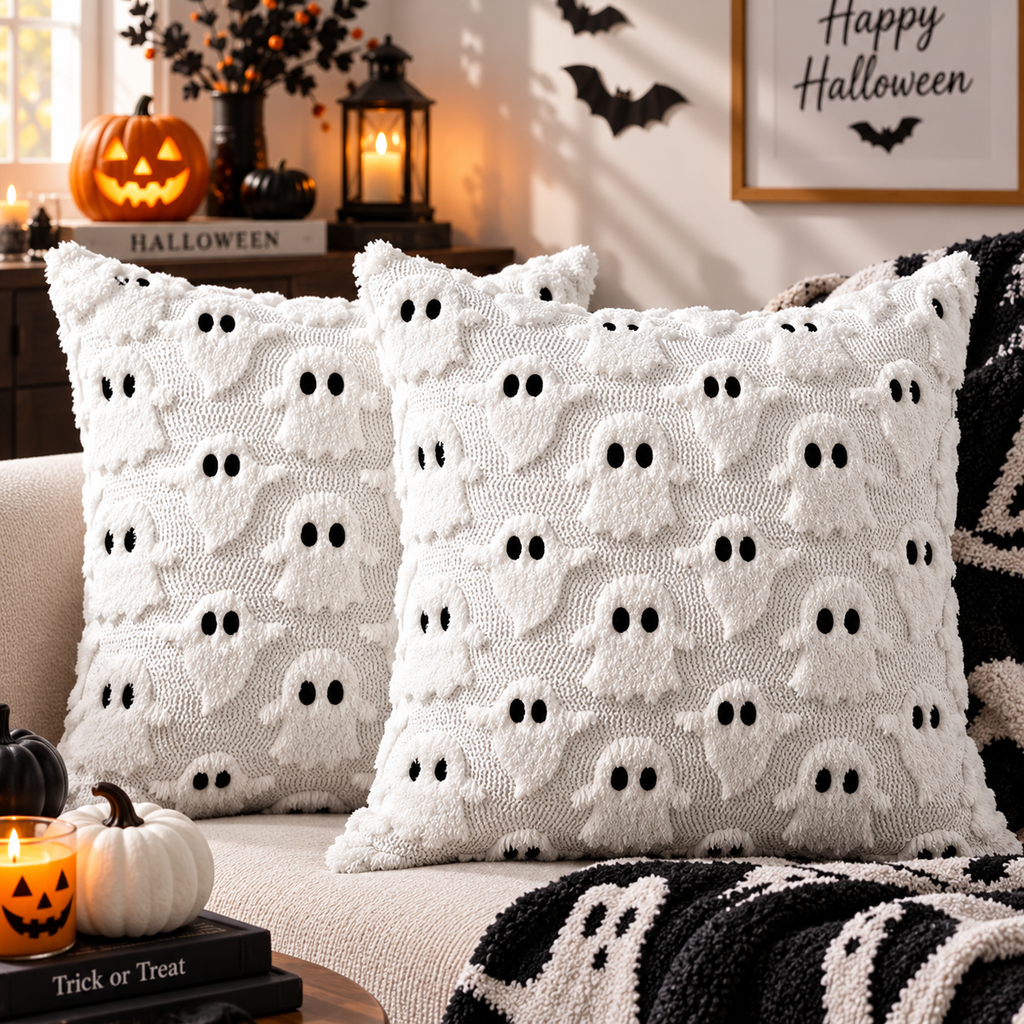 Two white raised ghost-pattern pillows with black eyes on a cream sofa with a black and white ghost blanket and pumpkins.