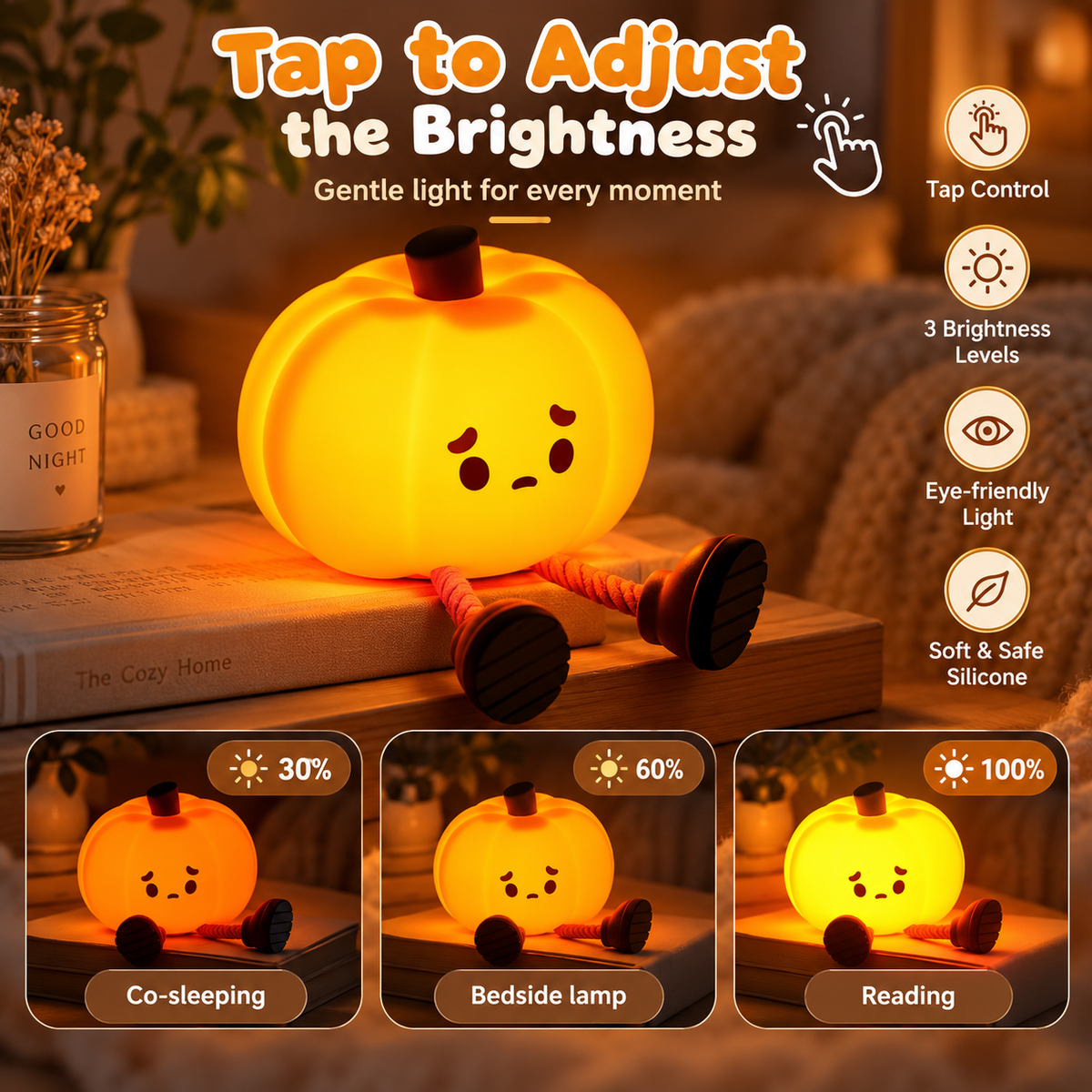 Pumpkin night light brightness infographic demonstrating tap control across three panels labeled 30%, 60%, and 100% brightness levels by HavvakHome.