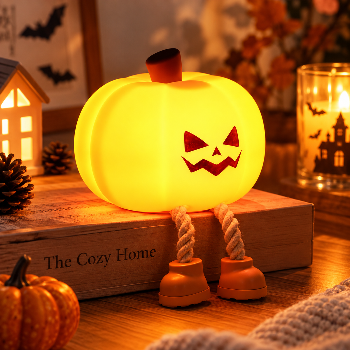Glowing jack-o-lantern face pumpkin night light with rope legs and orange boots sitting on a wood box beside a Halloween candle and illuminated house by HavvakHome.