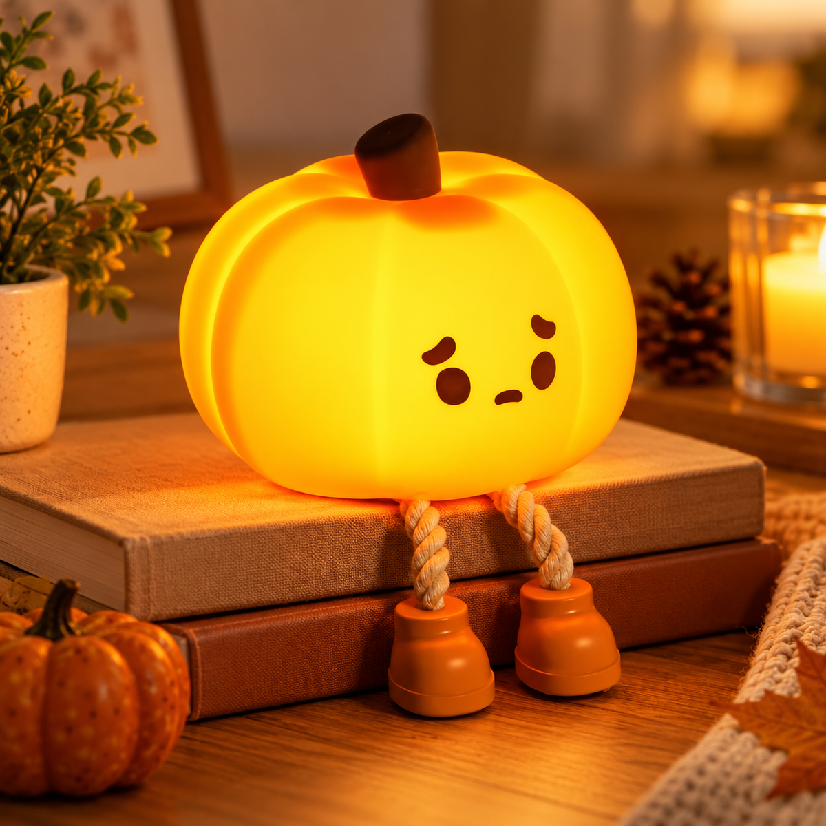 Glowing sad-face pumpkin night light with rope legs and orange boots on stacked books beside a plant and candle by HavvakHome.