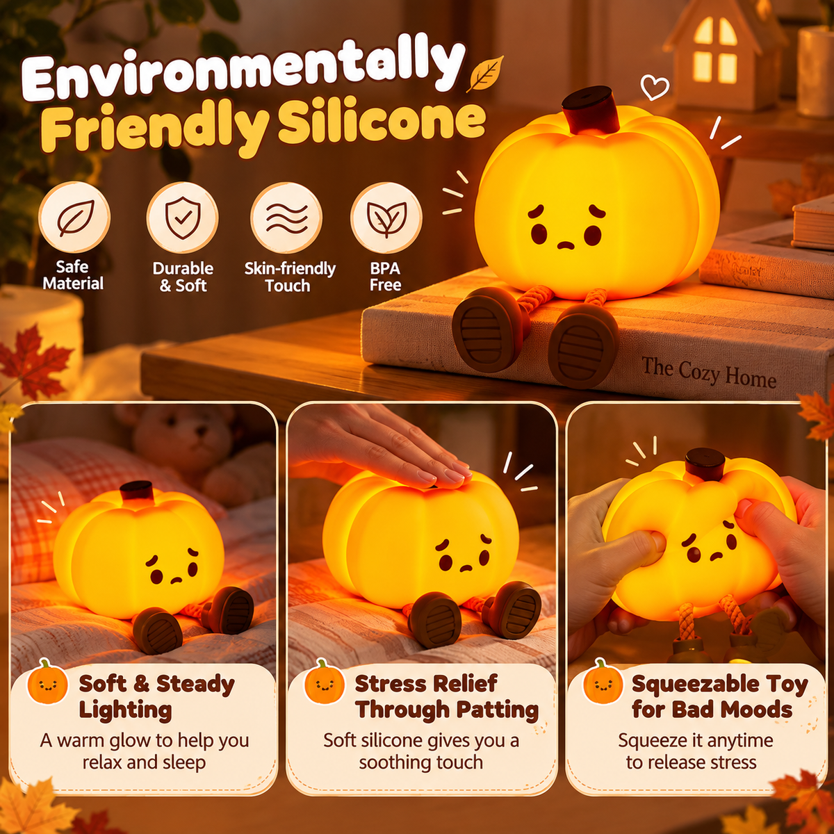 Silicone material infographic showing sad-face pumpkin lamp with a hand patting its top and hands squeezing its sides by HavvakHome.
