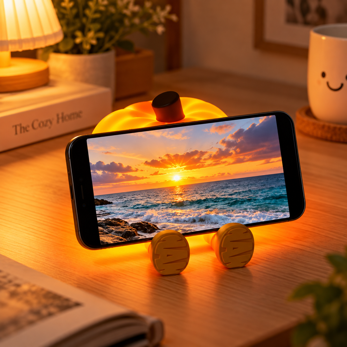 Glowing pumpkin night light holding a horizontal smartphone showing an ocean sunset on a wooden desk by HavvakHome.