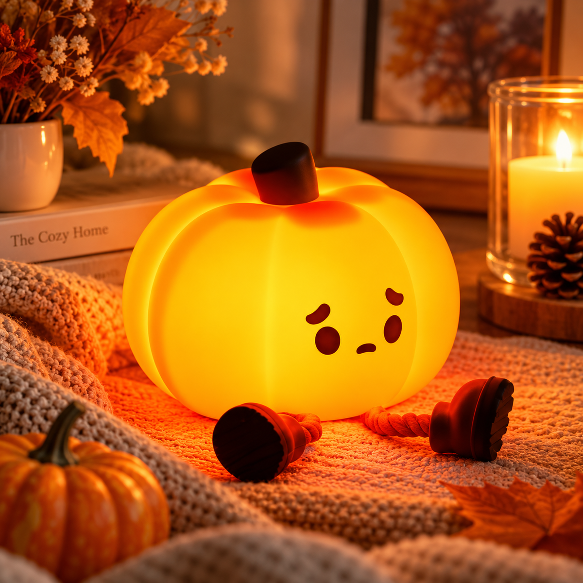 A glowing pumpkin-shaped night light with a sad face sits on a knitted blanket in a cozy autumn setting, surrounded by a lit candle, leaves, and a small decorative pumpkin.