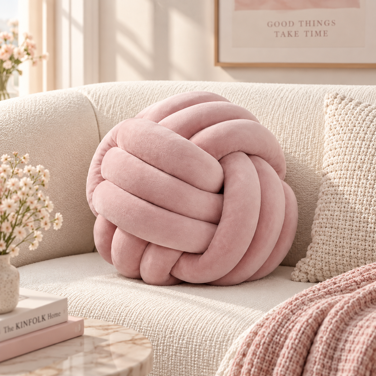 HavvakHome handmade blush pink knot ball throw pillow resting on a cream textured sofa in a sunlit living room.